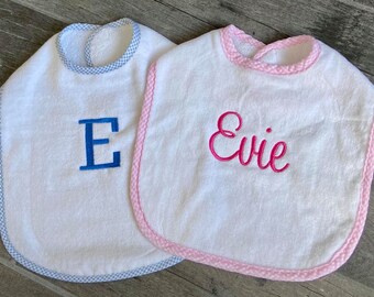 Personalized Gingham Trim Bib for Boy or Girl