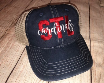 St. Louis Cardinals Trucker Hat/ Cardinals Hat/ Trucker Hat/ Embroidered Cardinals Hat/ Navy Trucker w/ STL red and white script font