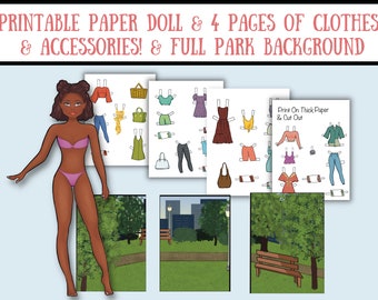 May include: Printable paper doll with brown skin and pink bikini, four pages of clothes and accessories, and a full park background. Print on thick paper and cut out.