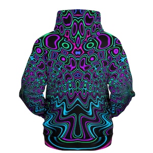 May include: A black hoodie with a psychedelic pattern in shades of blue, green, and purple. The pattern is made up of swirling lines and shapes.