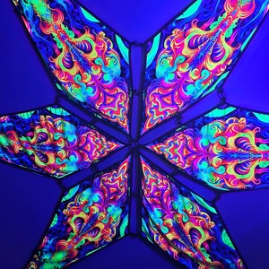 Neon Temple Portal - Ceiling Canopy - Psychedelic UV Reactive Geometric Tapestry - 6 petals set -  Made in the USA