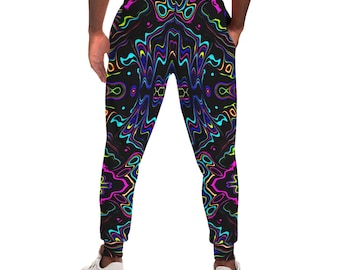 May include: Black sweatpants with a vibrant, psychedelic pattern in neon colors of blue, pink, yellow, and green. The design is symmetrical and abstract, covering the entire pants. The pants have pockets and a fitted ankle.