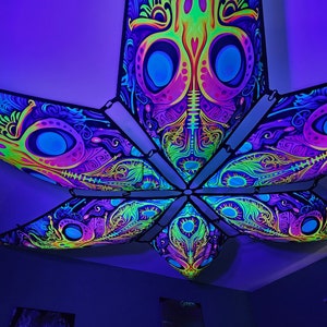 Portail dragon Synthwave - auvent de plafond - tapisserie géométrique psychédélique réactive aux UV - ensemble de 6 pétales - fabriqué aux États-Unis
