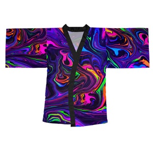 Neon Space Waves - Bata de kimono de manga larga psicodélica Trippy