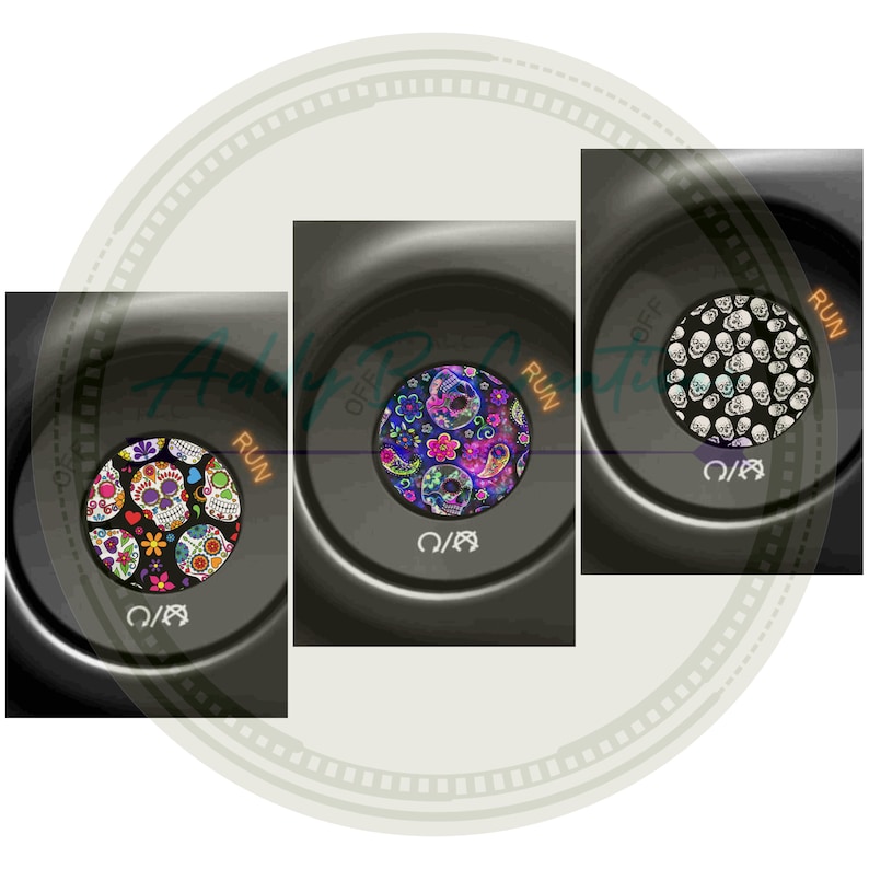 May include: Three car key covers with different designs. The first cover features a colourful sugar skull design with pink, blue, and green accents. The second cover features a purple and pink floral design with sugar skulls. The third cover features a black and white sugar skull design.