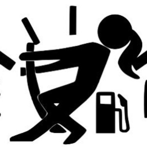 May include: A black and white silhouette of a person pushing a gas gauge needle towards the 'F' side, with a gas pump icon next to it. The gauge is labeled 'E' on the left and 'F' on the right.
