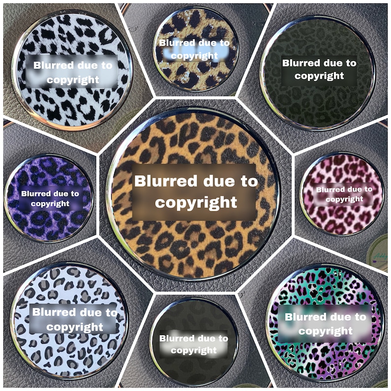 May include: Nine round coasters with a leopard print design. Each coaster has a silver rim and a white text overlay that reads "Blurred due to copyright".