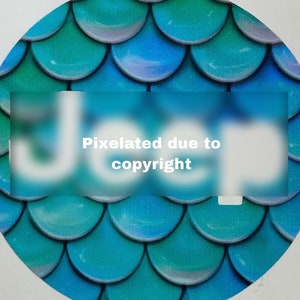 Pu&ograve; includere: Un adesivo rotondo blu e verde con il testo "Pixelato a causa del copyright" in bianco.