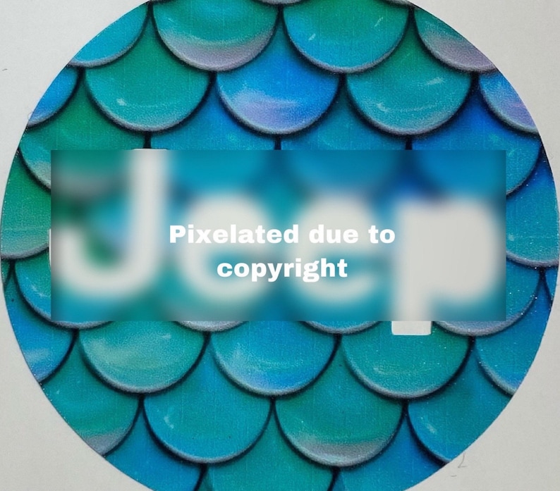 Pu&ograve; includere: Un adesivo rotondo blu e verde con il testo "Pixelato a causa del copyright" in bianco.