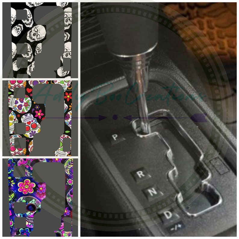 May include: Three different designs for a car gear shift knob cover. The designs feature a black background with a white skull and crossbones pattern, a black background with a colorful sugar skull pattern, and a black background with a blue, pink, and purple sugar skull pattern.