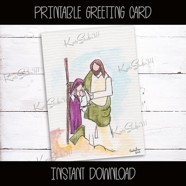 Watercolor Greeting Card Blank Inside 5x7 Printable Greeting Card Mary and Joseph Instant Download Hand Painted W111