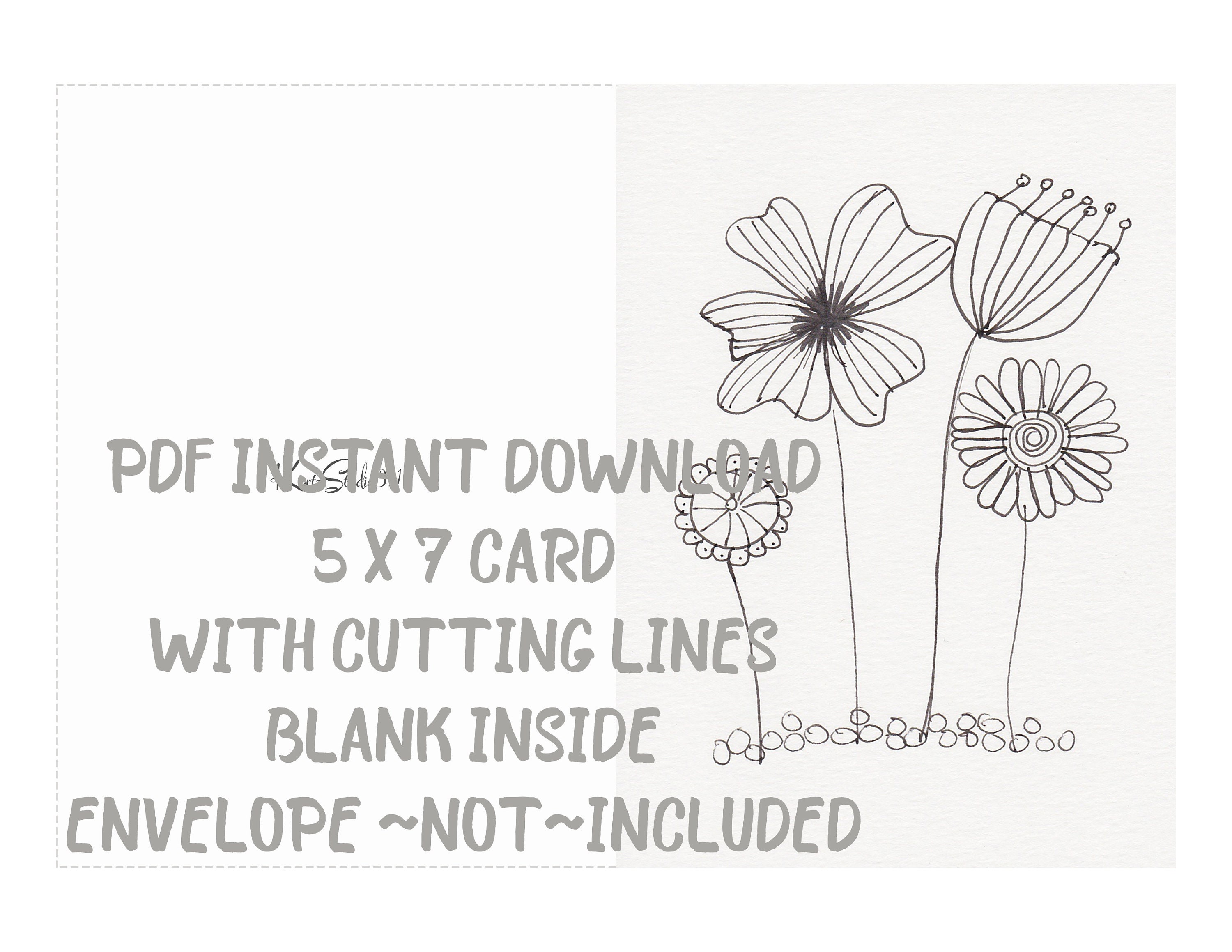 Flowers Black &amp; White Greeting Card Color Your Own 5x7 | Etsy