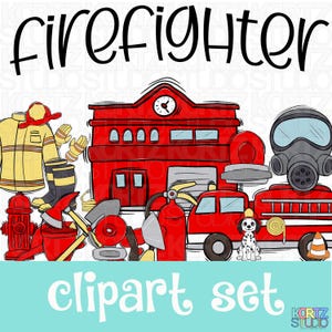 以下が含まれることがあります： 消防士のクリップアートセット。赤い消防車、消防署、ダルメシアン犬、消火栓、斧、その他の消防用具が描かれています。
