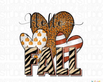 Hello Fall PNG – Leopard, Pumpkin & Striped Heart Sublimation Design | png20