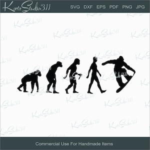 May include: A black and white silhouette illustration of the evolution of man, ending with a man snowboarding. The image is on a white background.