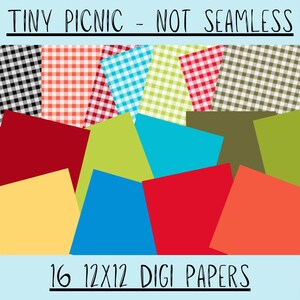 Può includere: Pacchetto di carta digitale con motivi a quadretti colorati in rosso, nero, arancione, blu e verde, insieme a carte a tinta unita. Il testo in alto recita "TINY PICNIC - NOT SEAMLESS" e in basso "16 12X12 DIGI PAPERS". Le carte misurano 30,48 cm x 30,48 cm.