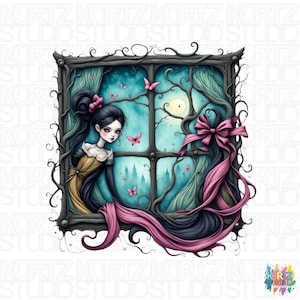 Puede incluir: Ilustración de una mujer mirando por una ventana. La ventana está enmarcada por ramas oscuras y cortinas. La mujer tiene el pelo largo y negro con un lazo rosa. Se ven mariposas rosas y una luna llena.