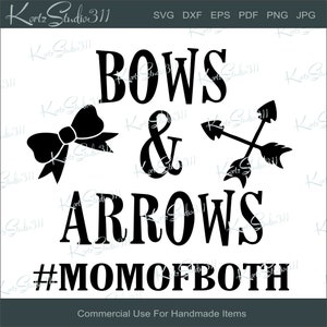 May include: Black and white graphic design with the text "BOWS & ARROWS #MOMOFBOTH". The design features a bow with a ribbon and two crossed arrows.