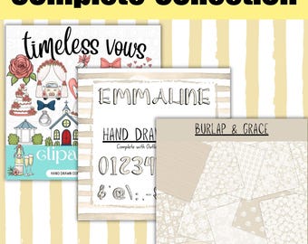 Timeless Vows Wedding Clipart Bundle | Hand-Drawn Clipart + Emmaline Alpha + Burlap & Grace Digi Papers | Wedding Graphic Set - May25BONUS
