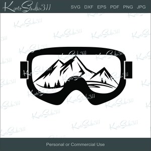 Könnte beinhalten: Schwarze und weiße Silhouette einer Skibrille mit einer Berglandschaft, die durch die Gläser sichtbar ist.