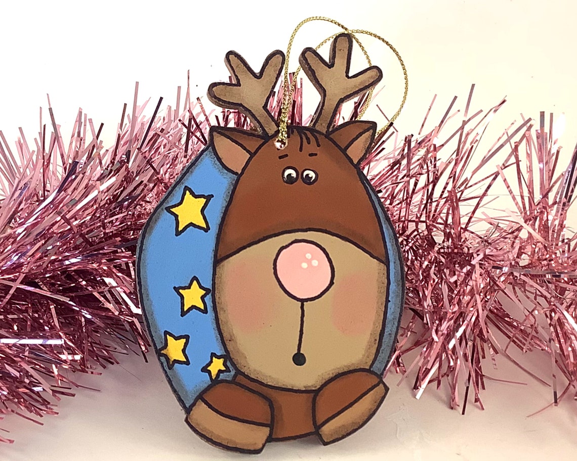 Christmas reindeer ornament hand painted wood Christmas Etsy
