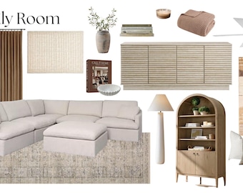 May include: A curated interior design concept for a family room, featuring a sectional sofa, a wooden cabinet, a rug, curtains, and decorative elements. The color palette includes neutral tones with brown and beige accents. The text "Family Room" is at the top.