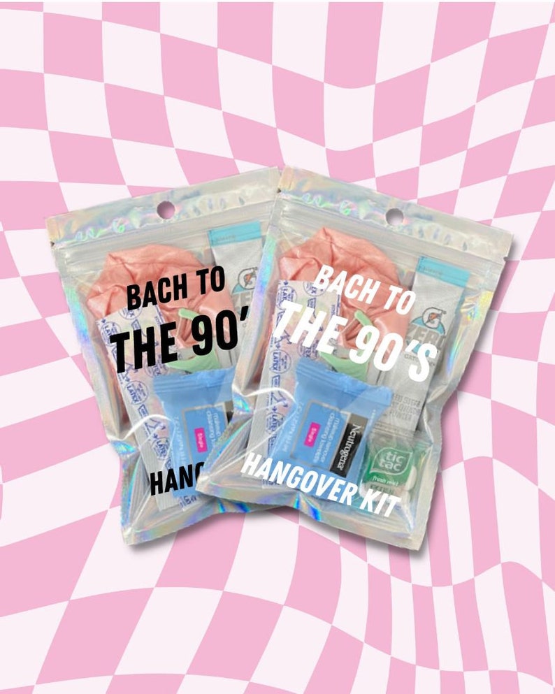 May include: Two clear plastic bags with holographic accents, each containing a hangover kit. The bags are labeled "Back to the 90's Hangover Kit". The kits include items like tic tacs, gum, and a small bottle of hand sanitizer.