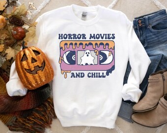 Horror Movies and Chill T-Shirt, Trendy Halloween Movie TShirt, Retro Fall Shirt, Vintage Halloween Top, Cute Ghost TShirt, Scary Movie Tee