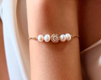 Custom Bridesmaid Best Friend Gift Gold Dainty Birthstone Freshwater Pearl Bracelet, Wedding Jewellry Birthday Anniversary Mum Sisters Gift