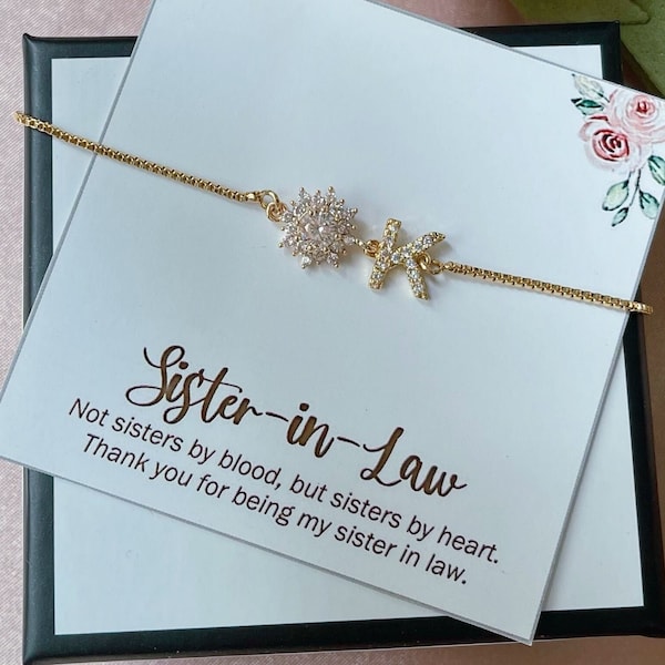 Regalo personalizado para cuñada, pulsera para cuñada, regalo para la hermana del novio, pulsera ajustable con flor de circonita cúbica.