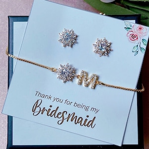 Personalisiertes Brautjungfern Schmuckset Brautjungfern Armband Blume Ohrringe Ohrstecker Ohrclips, Kristall Blume Schieber Verstellbares Armband