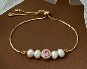 Pink Birthstone Pearl Bracelet, Personalzied Bridesmaid Bracelet Best Friend Mother Daughter Gift, Birthday Gift, Wedding Jewelry Gift