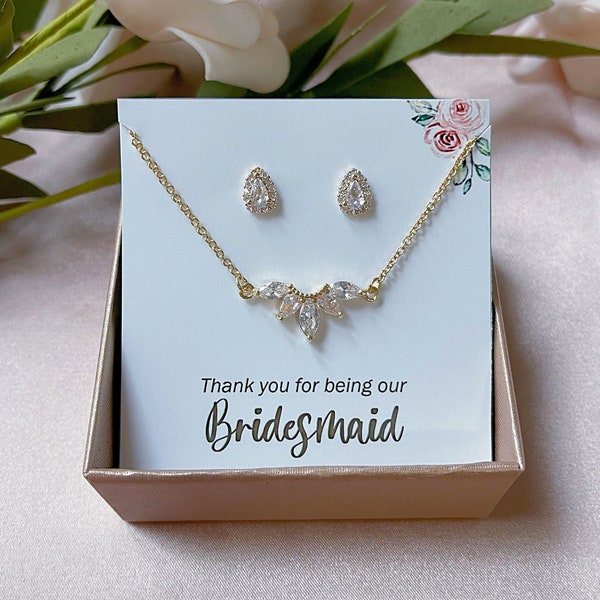 Thank you Bridesmaid Necklace - Teardrops Necklace - Bridesmaid Necklace Gift - CZ bridal Jewelry Bracelet and Necklace - Bridesmaid Jewelry