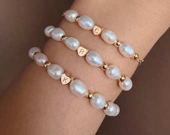 Custom Letter Freshwater Pearl Adjustable Bracelet, Personalized Heart Initial Gift for Bridesmaid Mom Best Friend Sister, Wedding Jewelry