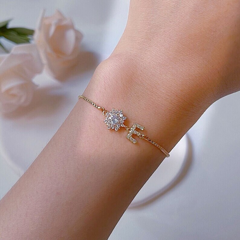 Personalized Sister-in-Law Gift, Sister in Law Bracelet, Sister of the Groom, Sister Gift, Cubic Zirconia Flower Slide Adjustable Bracelet image 7