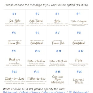 May include: A chart with 16 different messages for a wedding party. The messages are numbered 1 through 16. The chart includes messages for a soul sister, best friend, sister, mother and daughter, flower girl, bridesmaid, mother of the bride, mother of the groom, mom, sister-in-law, mother-in-law, and a custom message. The chart also includes a blank option. The chart is on a light brown background with gold text.