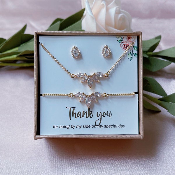 Bridesmaid Necklace Set - Teardrops Necklace Studs - Bridesmaid Necklace Bracelet Earrings Set - CZ bridal Jewelry - Bridesmaid Jewelry Set