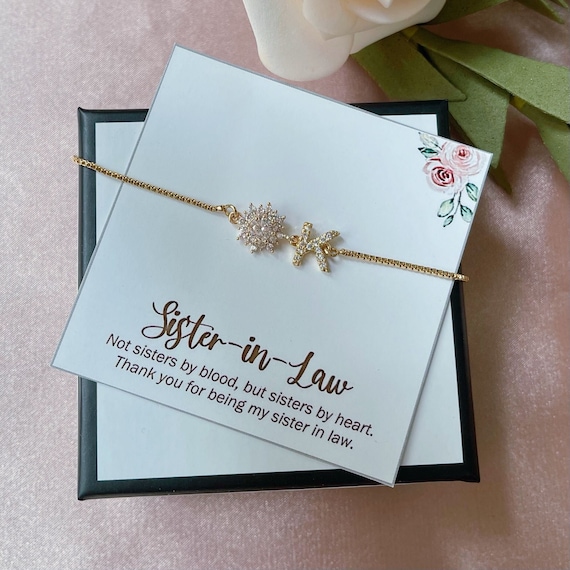 Personalized Sister-in-Law Gift, Sister in Law Bracelet, Sister of the Groom, Sister Gift, Cubic Zirconia Flower Slide Adjustable Bracelet