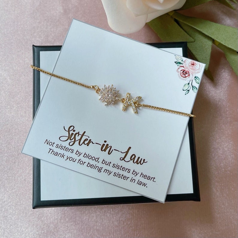 Personalized Sister-in-Law Gift, Sister in Law Bracelet, Sister of the Groom, Sister Gift, Cubic Zirconia Flower Slide Adjustable Bracelet image 1