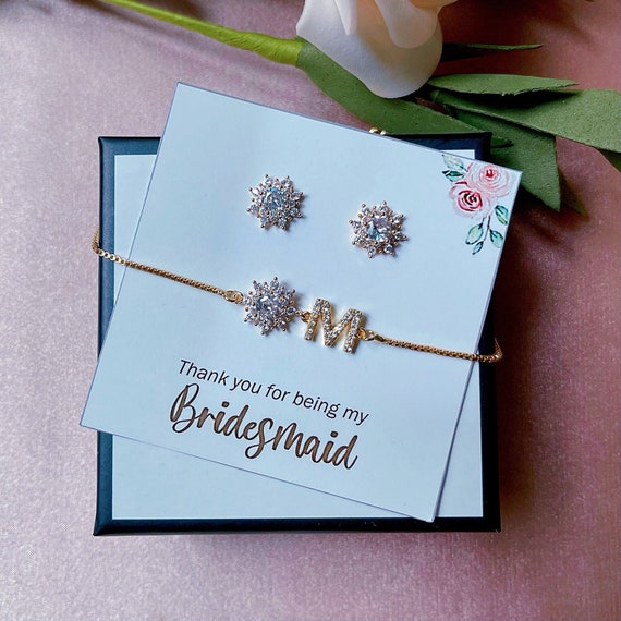 Personalized Bridesmaid Jewelry Set Bridesmaid Bracelet Flower Earrings Studs Clip-on Earrings, Crystal Flower Slide Adjustable Bracelet
