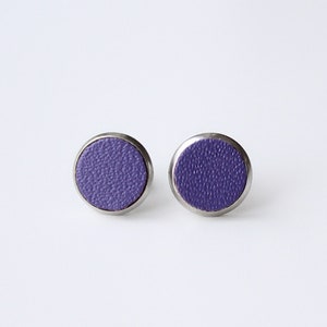 Circle 12 mm plummy purple stud earrings with surgical steel and reused leather by Jenny Aarrekangas image 1