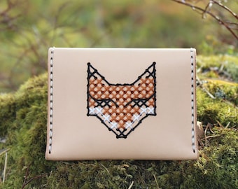 Fox Purse, Handmade Leather Purse, Coin Purse, Leather Wallet, Card Holder, Leather Case, Hand Embroidery