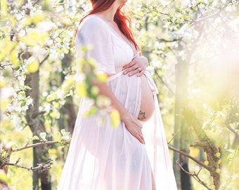 SAMPLE Sale, Melanie, Pink Flowy Maternity Chiffon Robe Dress with short sleeve for Maternity Photography - by Jenny Aarrekangas