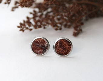 Circle 12 mm Brown stud earrings | real leather Brown Post earrings | Mens earrings brown | Brown jewelry | Earrings for him | Boho