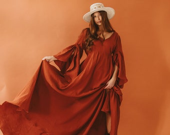 Gaia - Robe Boho Rouge Rouille | Robe vintage en mousseline | Habillez-vous pour la session | Robe de maternité | Accessoires photo | Robe pour séance photo de grossesse