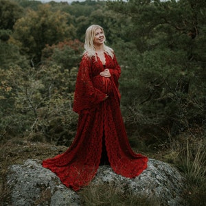 Alicia Red Boho Style Maternity Lace Robe Dress Boho Maternity dress Long sleeve boho maxi dress for Maternity Photoshoot image 1