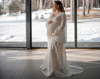 Alicia - White Boho Style Maternity Lace Robe Dress for Maternity Photography and Wedding by Jenny Aarrekangas