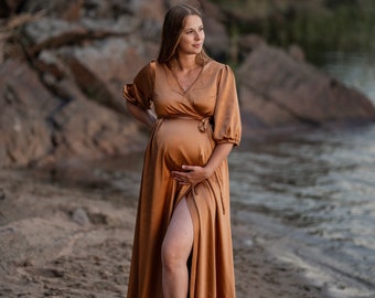 CLARA shiny cognac gold wrap dress | Maternity dress for Photoshoot | Maternity Gown | Classic long dress | Jenny Aarrekangas