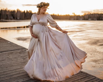 CLARA shiny pearl beige wrap dress | Maternity dress for Photoshoot | Maternity Gown | Classic long dress | Jenny Aarrekangas