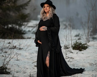 SAMPLE Sale BLACK ROSE Caftan Dress, Maternity Chiffon Robe, Dress with Wide Sleeves for Maternity Photography by Jenny Aarrekangas